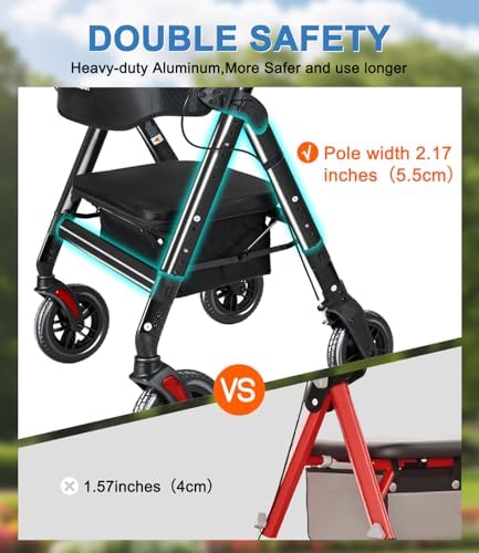 Walkers for Seniors with Seat,450Lbs Rolling Walker, 22" Extra-Wide Heavy-Duty All-Terrain Rollator Walker with Adjustable Height,Ergonomic Breathable Seat,Storage Bag,Foldable Mobility Aid For Adults