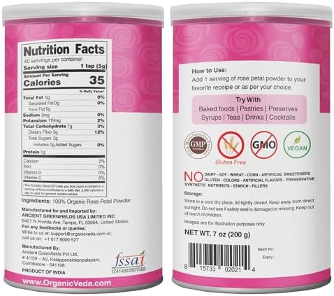 Organic Veda Edible Rose Petal Powder - Rose Petal Powder for Cooking, Herbal Tea, Smoothies, Toppings - Natural Rose powder for DIY Face Masks, Skin & Hair Care - Vegan, No Gluten (7 oz)