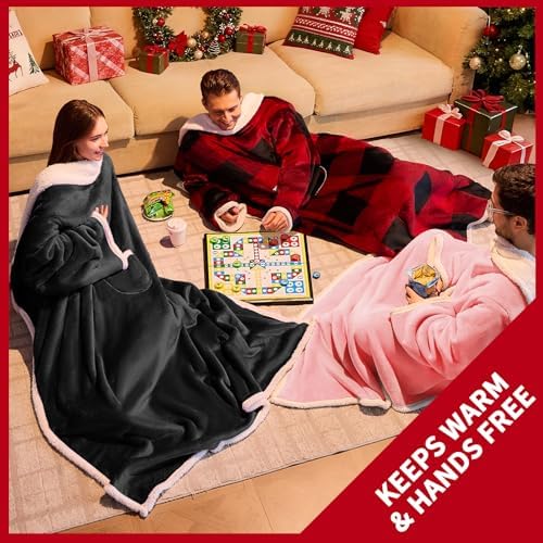 IFNOW Sherpa Wearable Blanket with Sleeves for Women Men Adults, Christmas Birthday Gifts for Women Mom Wife, Cozy Wearable Blanket with Arm and Pocket, Warm Full Body TV Wrap Throw Blanket, Black