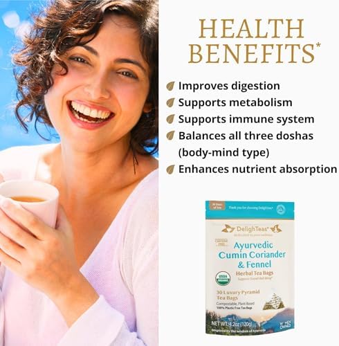 DelighTeas Organic Digest & Detox CCF Tea | Eco-friendly, Compostable Pyramid Tea Bags | Ayurvedic Cumin, Coriander, Fennel Tea | USDA Organic, Caffeine Free, Kosher | 30 Tea Bags, 4g each