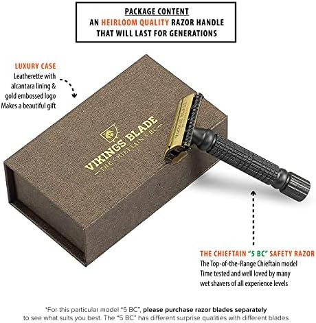 VIKINGS BLADE Double Edge Safety Razor for Men + 5 Swedish Steel Blades + Luxury Case. Smooth, Reusable, Recyclable (Chieftain “5 BC”)