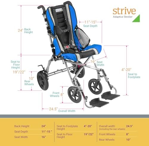 Strive Adaptive Special Needs Wheelchair – 16” Wide Blue, Lightweight, Fully Adjustable for Support & Positioning, Supports 170 lbs, Folding Wheelchair