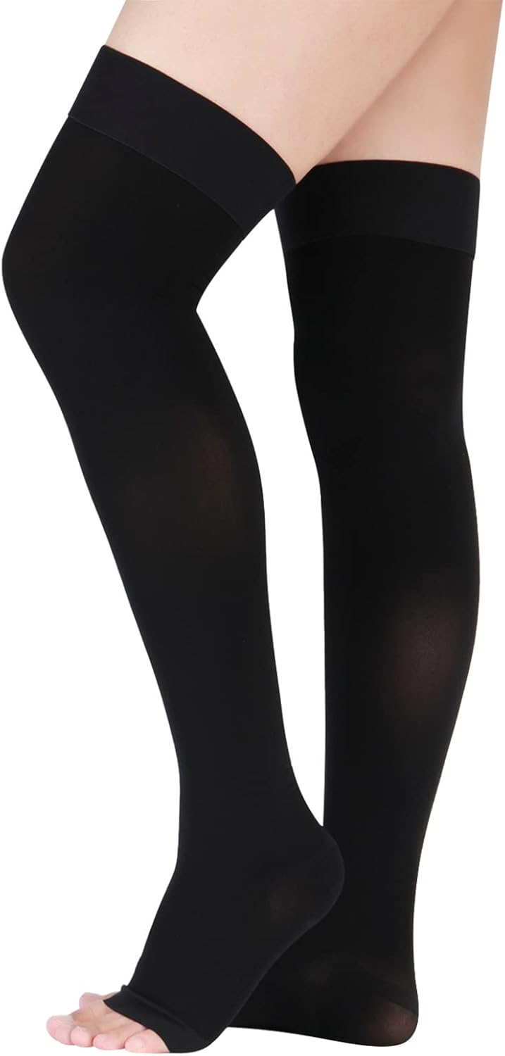 Lin Performance 15-20 mmHg Medical Compression Stockings for Women & Men, Thigh High Dot-Top Open Toe, Leg Support for Daily & Travel Comfort (Black,3XL)