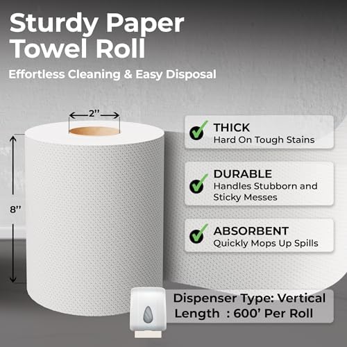 Restaurantware-Paper Towel Roll 600' x 1 Roll Long Paper Towel 8" Wide Hand Towel Roll 1 Ply Universal Dispenser 2" Core Hardwound High Absorbency Everyday Use For Commercial Washroom White