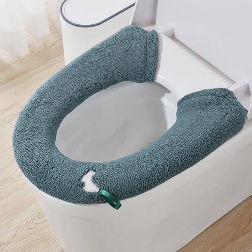 2 Packs Toilet Seat Cover, Plush Warm Bathroom Toilet Seat Cushion with Snaps Fixed Washable and Reusable Toilet Seat Lid Cover Pads, Fits Most Toilet Seats, Teal