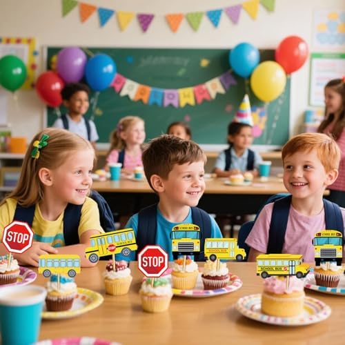 24 Pcs School Bus Cupcake Toppers School Bus Cake Decorations School Bus Decorations School Bus Party Favors