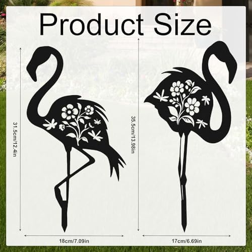 BOXOB 2pcs Flamingo Metal Yard Stakes, Whimsical Flamingo Yard Decor Black Decorative Garden Stakes for Lawn Patio Backyard Outdoor Decor