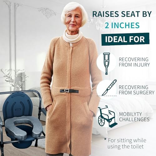 Raised Toilet Seat Cushion for Elderly - Adds 2 inches - Commode Seat Cushion Padded Toilet Seat Riser with High-Density Foam for Enhanced Comfort & Elevation, Universal Fit (2 inches)