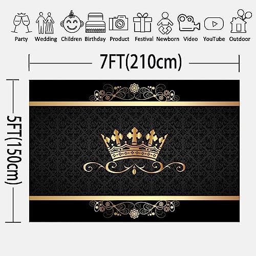 7x5FT Crown Pattern Photography Backdrop Black Crown Royal Gold Patterns Backdrop Celebration Party Decorations Photo Booth Wallpaper RBJMYLU230