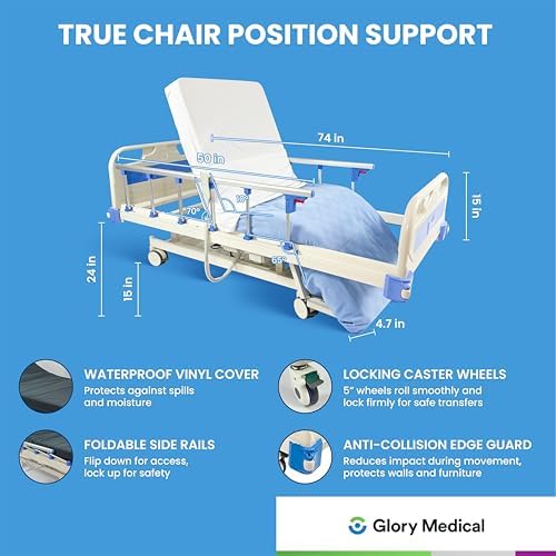 Glory Medical PAM-3C Hospital Bed - Chair position Adjustable Electric Hospital Beds for Home and Commercial Use, Locking Casters, Includes Foam Mattress, Bed Tray & Bed Sheets (x2)