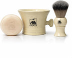 GENTS Heavy Duty Ceramic Shaving Set – Ivory Mug with Knob Handle, Faux Ivory Handle Brush, 3 oz Natural Long-Lasting Lather Soap – Classic Wet Shaving Kit for Men