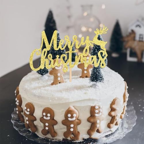 1Pcs Merry Christmas Cake Topper Glitter Gold Reindeer Christmas Cake Decoration for New Years Eve Xmas Holiday Birthday Party Supplies