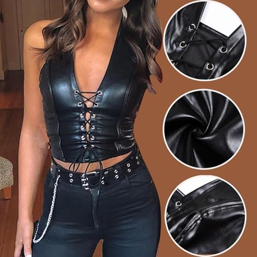 Leather Tops for Women Sexy Faux PU Halter Crop Tank Top Bustier Lace-up Straps Lingerie Deep V Neck Wet Look Bodycon