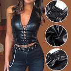 Leather Tops for Women Sexy Faux PU Halter Crop Tank Top Bustier Lace-up Straps Lingerie Deep V Neck Wet Look Bodycon