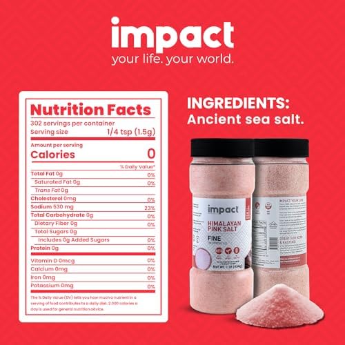 Impact - Fine Himalayan Pink Sea Salt - No Additives Rich in Trace Minerals Non-GMO Gluten-Free Ideal for Low-Carb Fasting Cooking - 1lb Shaker