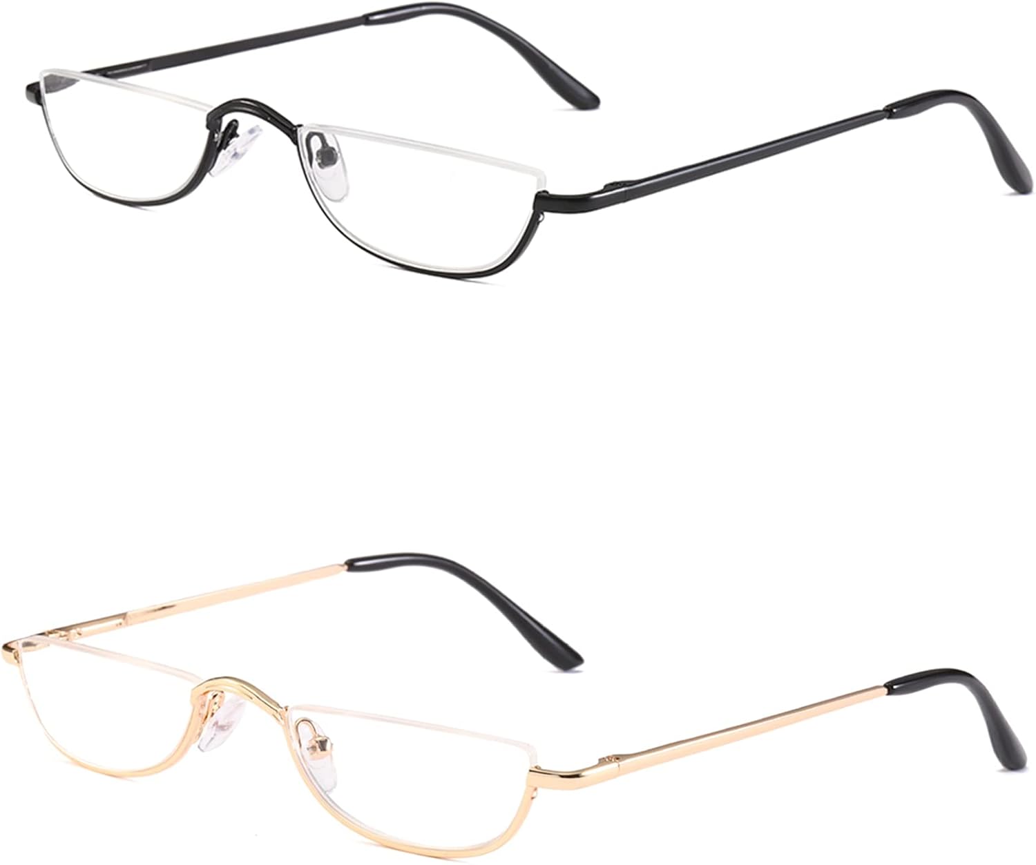 KoKoBin Half Reading Glasses - 2 Pairs Half Rim Metal Frame Glasses Spring Hinge Readers for Men and Women, Black+Gold 2.50
