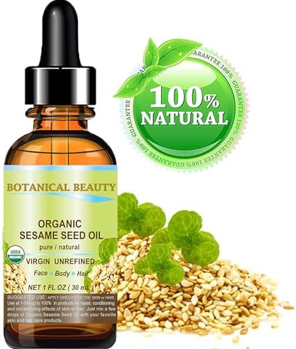 Botanical Beauty Organic SESAME SEED OIL 100% Pure Natural Virgin Unrefined Undiluted Cold Pressed Carrier Oil for Face, Skin, Body, Hair, Massage, Nails (1 Fl Oz 30 ml)