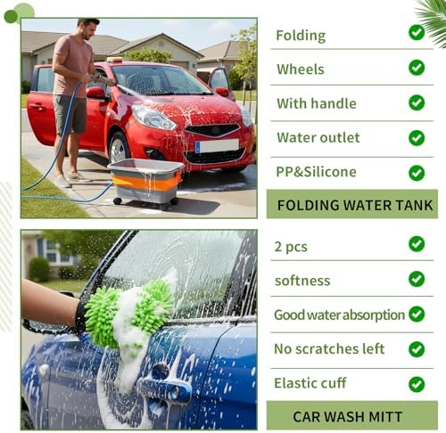 Maxdot Car Wash Bucket with Wheels Lid and Handle, 5.5 Gallon Collapsible Rolling Wash Bucket with 2 Microfiber Mitts for Car Cleaning, Camping, Rv & Pet Bathing