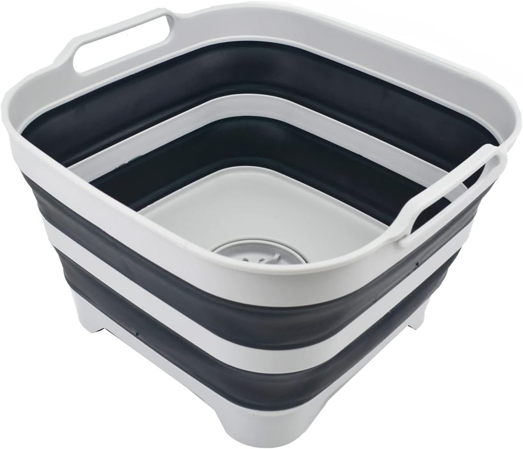 SAMMART 10L (2.64 gallon) Collapsible Dishpan with Draining Plug - Foldable Washing Basin - Portable Dish Washing Tub - Space Saving Kitchen Storage Tray (Grey/Slate Grey)