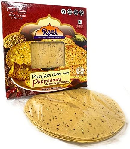 Rani Pappadums (Indian Lentil Wafer Snack) Punjabi Papad - Extra Hot, 7oz (200g) Approximately 15pc, 7 inches ~ All Natural | Gluten Friendly | NON-GMO | Vegan | Indian Origin