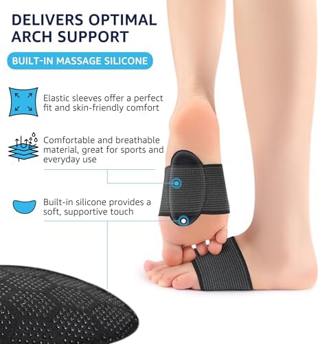 HiRui 2-Pack Arch Support Cushions with Silicone Pad for Plantar Fasciitis Relief - Non-Slip Elastic Foot Arch Brace for Flat & Fallen Arches, High Arch, Foot Care - Fits All Shoes (Black, Medium)