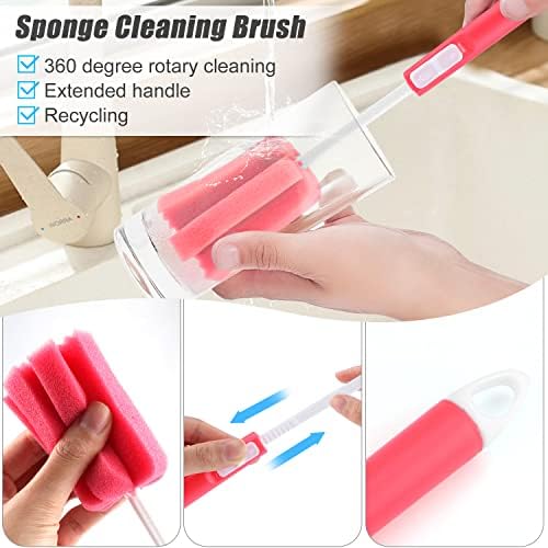 3 Pack Sponge Cleaning Brush Soft Foam Sponges Bottle Scrubber Dishwashing Brushes with Adjustable Long Plastic Handle for Home Kitchen Baby Bottle Coffee Glasses Pot