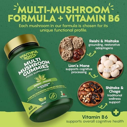 Multi Mushroom Gummies 6-in-1 with Lions Mane, Reishi, Shiitake & Vitamin B6 - Focus, Energy & Vitality - Vegan & Sugar-Free - 60 Gummies for Kids & Adults