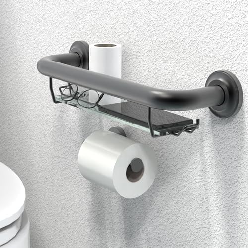 ADA Compliant Grab Bar with Glass Shelf for Shower Wall and Bathtubs, 500lbs Weight Support, 1-1/4 x 16 inch for Stud Mount, Matte Black