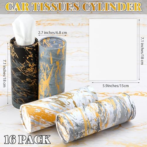 Thenshop 16 Pack Car Tissue Holder 3 Ply Facial Tissue Bulk Marble Modern Tissues Cylinder Travel Round Boxes Fits Car Cup Holders Small Tissues Container for Home Bathroom Everyday Refill