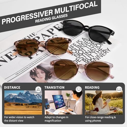 Progressive Sunglasses for Women Men, TR90 Multifocal Reader Sunglasses with Spring Hinge, UV400 Protection