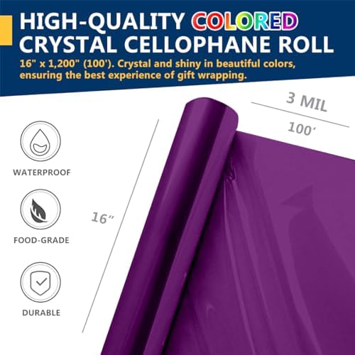 PerkHomy Colored Cellophane Wrap Roll 16" x 100' 3 Mil Thick Cellophane For Gift Basket Treats Goodie Wrapping Craft Flower Bouquet Plastic (Purple, 100ft (16in Width))
