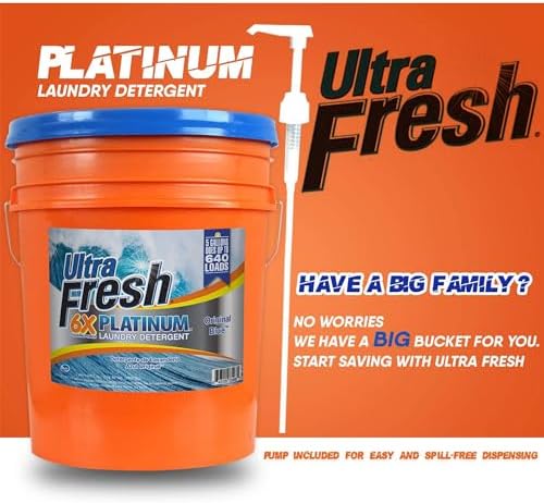 Ultra Fresh 6X Platinum Laundry Detergent, 5 Gallon, Bundled with Spring Fresh Fabric Softener and Pump, Up to 640 Loads, Orange/Blue