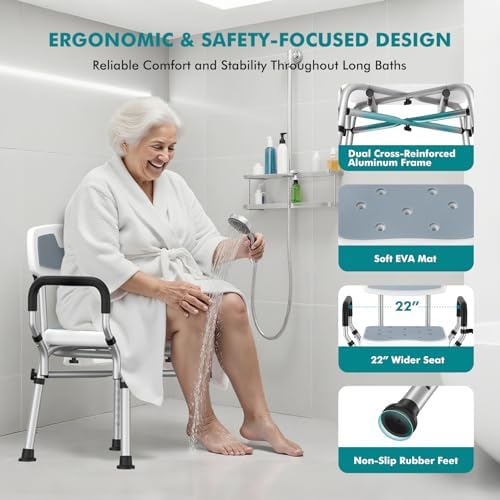 VFAUOSIT Shower Chair with Removable Arms and Back for Elderly & Disabled, 550 lbs Shower Chair for Inside Shower, 6-Height Adjustable Shower Seats for Adults, Bath Chairs for Seniors Inside Tub