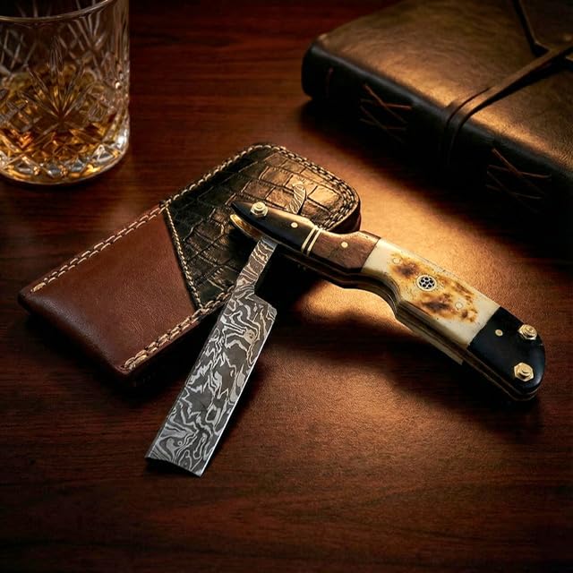 Damascus Steel Straight edge Razor Barber Salon Shaving wet shave real leather sheath for men SM151