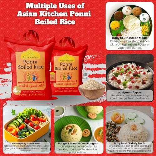 Asian Kitchen Ponni Boiled Rice 4-Pound Bag, 4lbs (1.81kg) Short Grain Par Boiled Rice ~ All Natural | Gluten Friendly | Vegan | Indian Origin | Export Quality