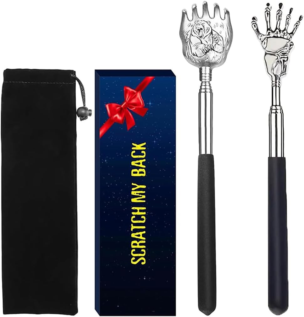 Unique 2 Pack Back Scratcher with Gift Bag - Premium Portable Metal Stainless Steel Telescoping Massage Tool - Gift for Men Women (Fix Style)