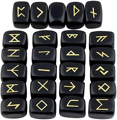 mookaitedecor Black Obsidian Rune Stones Set & 6 Facted Crystal Pendulum with Viking Compass Embroidered Energy Mat for Divination Meditation Reiki Healing