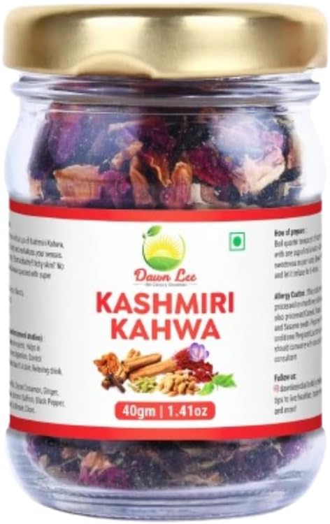 Dawn Lee Kashmiri Kahwa Green Tea 40g | Saffron-Infused Premium Loose Leaf | Traditional Spiced Blend with Cardamom, Cinnamon, Almond & Rose | Brew Hot or Iced | Caffeine-Rich Herbal Chai