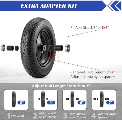 4.80/4.00-8 Tire, 14.5" Flat-free Solid Tire Wheels with 5/8" Axle Bore Hole, 3-7" Centered Hub, Universal Fit 4.80/4.00-8, 3.50/3.00-8, 4.00-6 Wheelbarrow Wheels(Black, 2 Pack)