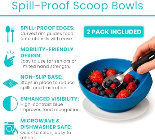 Vive Spill-Proof Scoop Bowl (2 Pack) - Adaptive Eating Equipment with Lipped Edge for Elderly & Disabled - No-Spill Scoop Aid for Parkinsons, Dementia, Strokes, Tremors - Special Non-Skid Bowl (Blue)