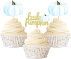 24Pcs Little Pumpkin Cupcake Toppers Baby Shower Decorations Pumpkin Birthday Supplies Cupcake Picks Pumpkin Gender Reveal Cupcake Toppers (blue)