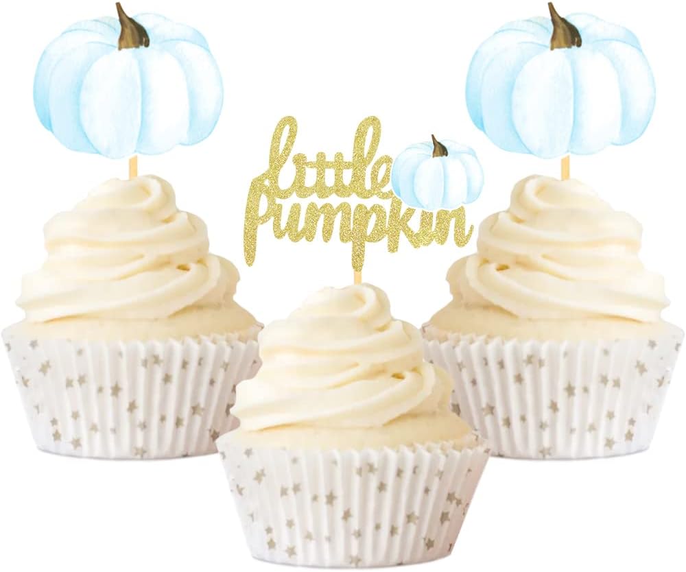 24Pcs Little Pumpkin Cupcake Toppers Baby Shower Decorations Pumpkin Birthday Supplies Cupcake Picks Pumpkin Gender Reveal Cupcake Toppers (blue)