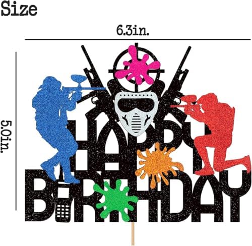Paintball Cake Topper Decorations for Boys Men Glitter Happy Birthday Decoration Sports Theme Party Supplies