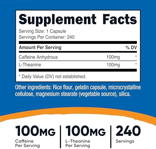 Nutricost Caffeine with L-Theanine, 100mg of Each, 240 Capsules, 240 Servings - Non-GMO and Gluten Free