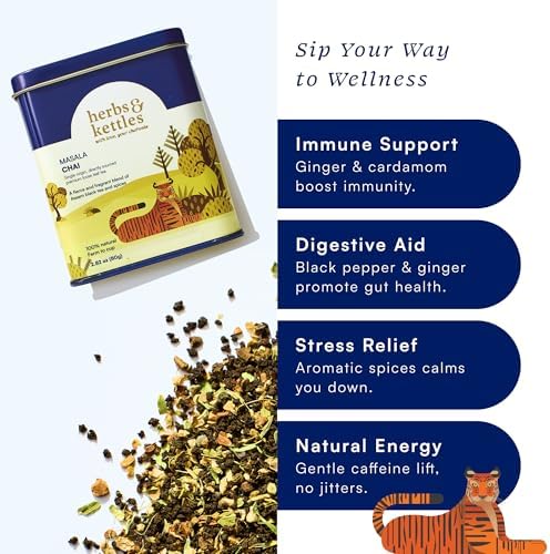 Herbs & Kettles Chai - Masala | Authentic Indian Chai Tea with Assam Black Tea, Ginger, Cardamom, Cinnamon, Cloves & Black Pepper | Loose Leaf | Makes 16-20 Servings | Premium Gourmet Tea Gift