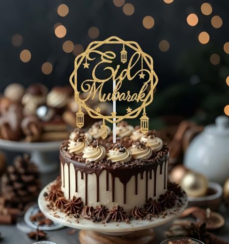 Eid Mubarak Cake Topper, Hajj Mubarak Decor, Muslim Islam Festival Anniversiry Party Decorations, Happy Ramadan Moon Star Eid Decoration Supplies Gold Glitter