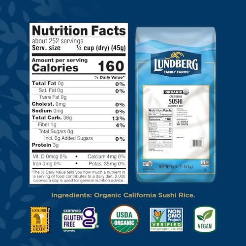 Lundberg Organic Sushi Rice, Bulk, Sticky White Japanese-Style Short Grains, Responsibly Grown in California, 25 Lbs