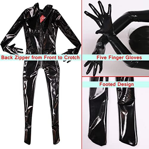 LESOYA Women's Leather Full Body Suit Shiny Wetlook PVC Catsuit Zipper Crotch Bodysuit Attatched Gloves