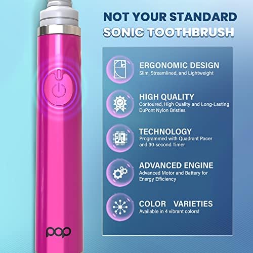 Pop Sonic Ultimate Pro Toothbrush (Pink) | Rechargeable Battery w/Up to 40,000 Brush Strokes/Minute -Long-Lasting Dupont Nylon Bristles - for Teens & Adults w/Quadrant Pacer & Timer