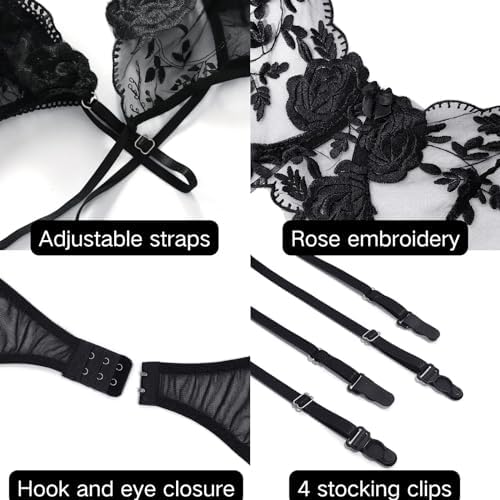 Women Sexy Lace Floral Embroidery Garter Lingerie Set 3 Piece Push Up Underwire Mesh Bra and Panty Babydoll Outfit